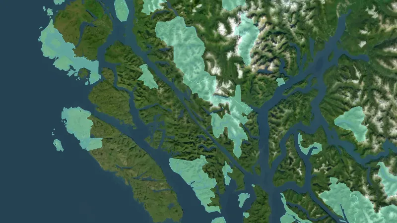 Conservancy Areas in British Columbia, drawn over satellite imagery