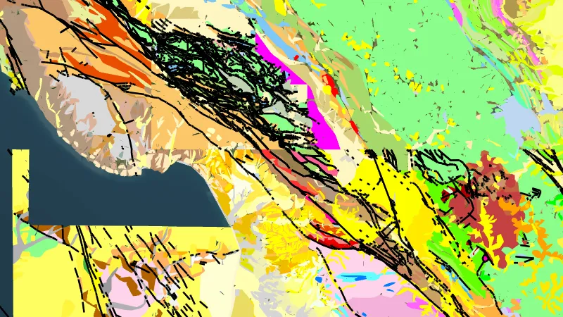 Detailed State Geology in California, drawn over satellite imagery