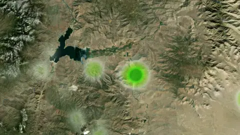 Historic Mill Claim Heatmap in California, drawn over satellite imagery