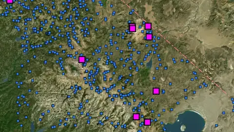 Stream Concentrate Geochemistry in California, drawn over satellite imagery