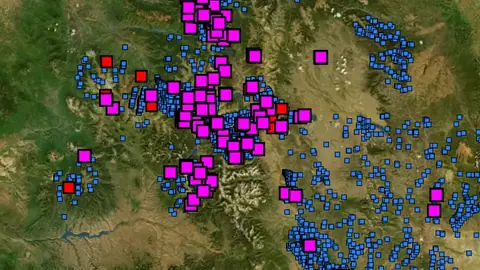 Stream Concentrate Geochemistry in Colorado, drawn over satellite imagery