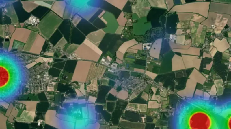 All Finds Heatmap in England, drawn over satellite imagery