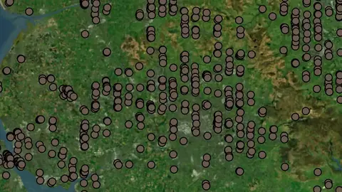 Mining in England, drawn over satellite imagery