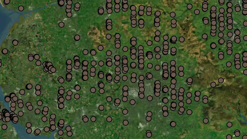 Mining in England, drawn over satellite imagery