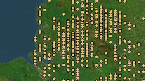 Settlements in England, drawn over satellite imagery
