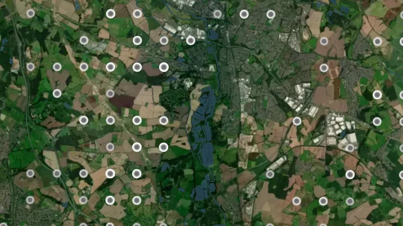 Post Medieval Finds in England, drawn over satellite imagery
