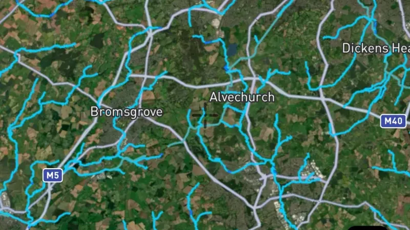 Watercourses in the Detector Maps app, England