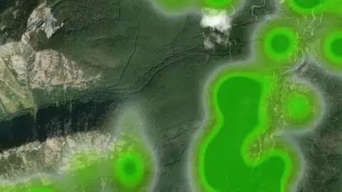 Historic Mill Claim Heatmap in Idaho, drawn over satellite imagery
