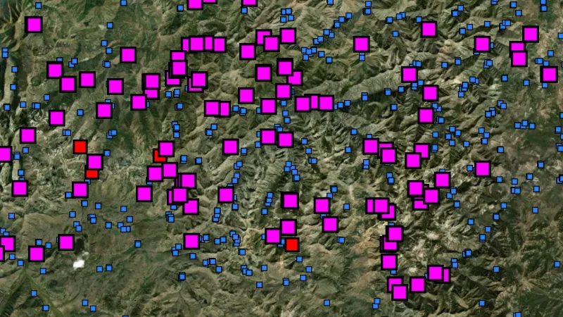 Stream Concentrate Geochemistry in Idaho, drawn over satellite imagery