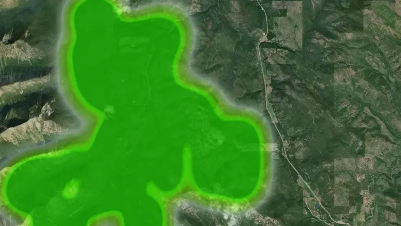 Historic Mill Claim Heatmap in Montana, drawn over satellite imagery