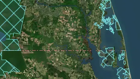Fish & Wildlife Areas in North Carolina, drawn over satellite imagery