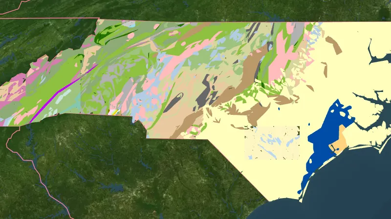 Detailed State Geology in North Carolina, drawn over satellite imagery