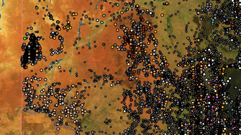 All Mineral Occurrences in New South Wales, drawn over satellite imagery
