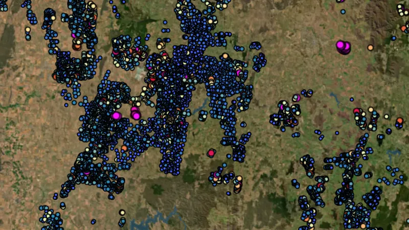 Soil Samples in New South Wales, drawn over satellite imagery