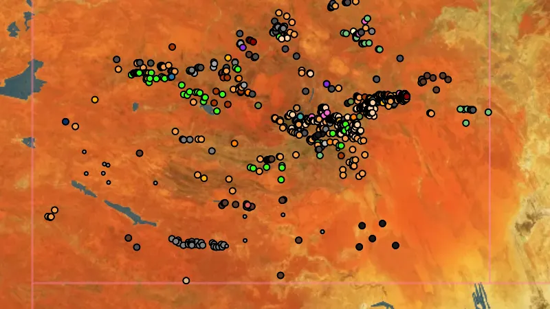 All Mineral Occurrences in Northern Territory, drawn over satellite imagery