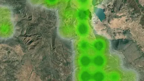 Historic Mill Claim Heatmap in Nevada, drawn over satellite imagery