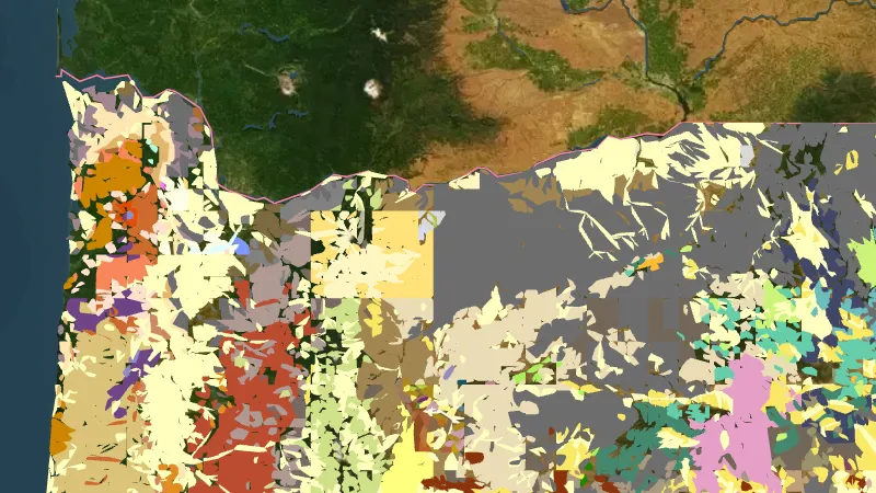 Detailed State Geology in Oregon, drawn over satellite imagery
