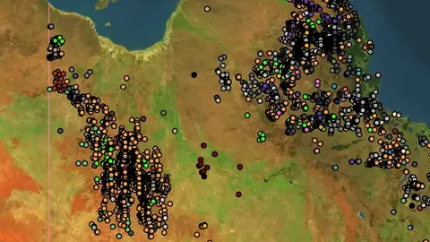 All Mineral Occurrences in Queensland, drawn over satellite imagery