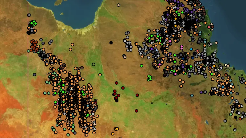 All Mineral Occurrences in Queensland, drawn over satellite imagery