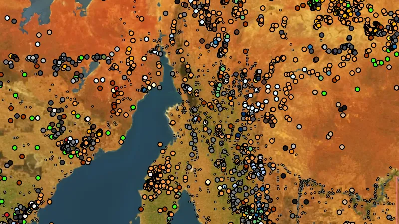 All Mineral Occurrences in South Australia, drawn over satellite imagery