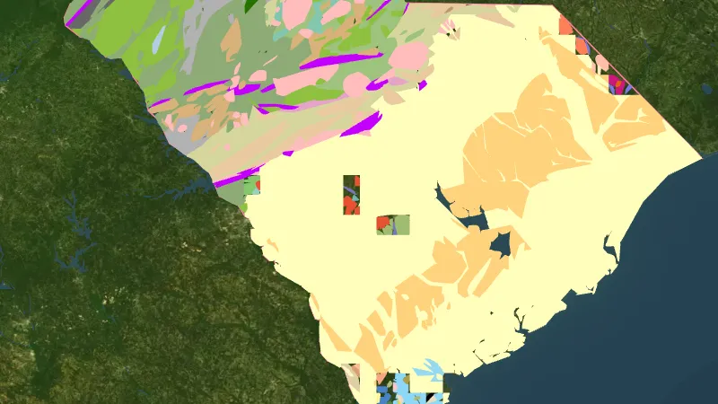 Detailed State Geology in South Carolina, drawn over satellite imagery