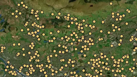 Settlements in Scotland, drawn over satellite imagery