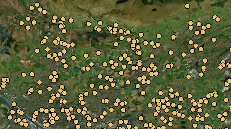 Settlements in Scotland, drawn over satellite imagery