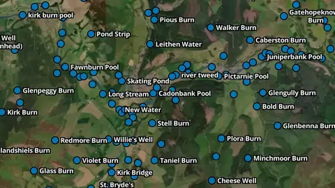 Water in Scotland, drawn over satellite imagery