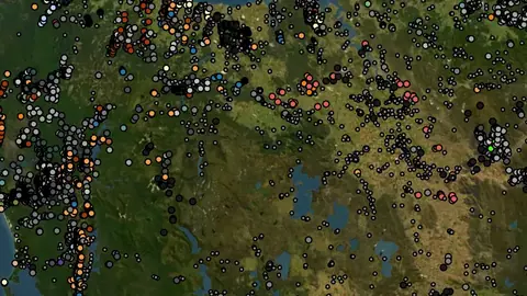 All Mineral Occurrences in Tasmania, drawn over satellite imagery