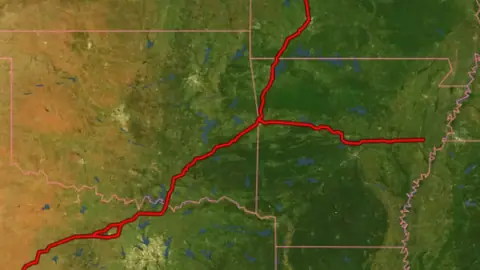 Butterfield Overland in USA coins and relics, drawn over satellite imagery