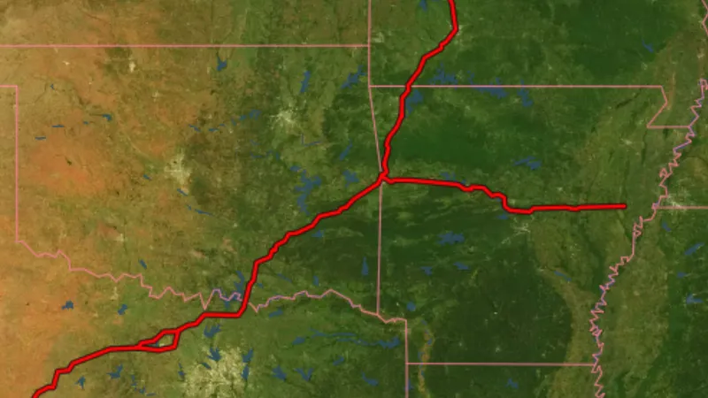 Butterfield Overland in USA coins and relics, drawn over satellite imagery