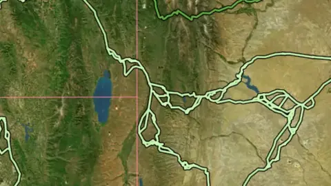 California in USA coins and relics, drawn over satellite imagery