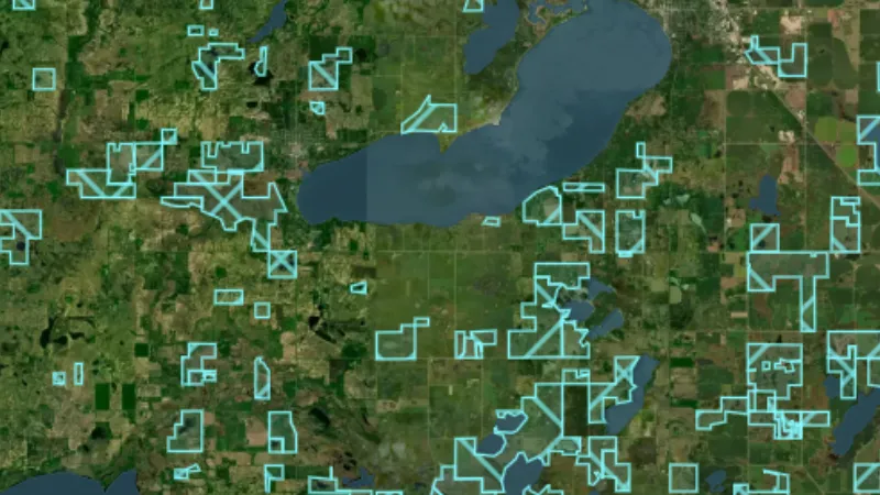 Fish & Wildlife Areas in USA coins and relics, drawn over satellite imagery