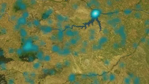 Ghost Towns in USA coins and relics, drawn over satellite imagery