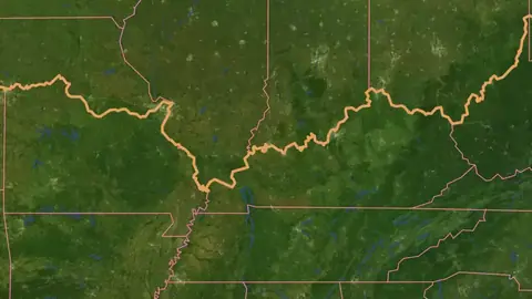 Lewis & Clark in USA coins and relics, drawn over satellite imagery