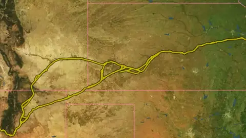 Santa Fe in USA coins and relics, drawn over satellite imagery