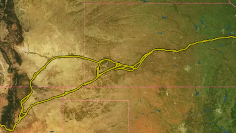 Santa Fe in USA coins and relics, drawn over satellite imagery