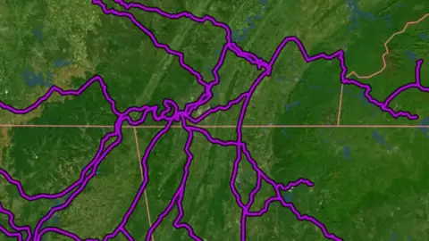 Trail of Tears in USA coins and relics, drawn over satellite imagery