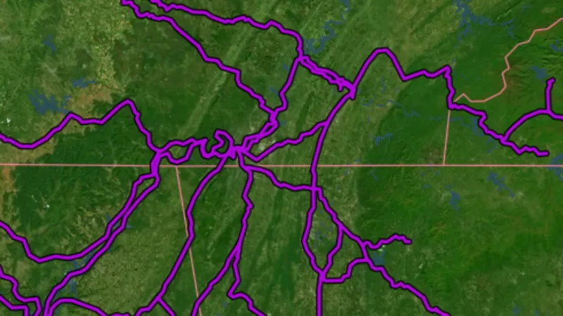 Trail of Tears in USA coins and relics, drawn over satellite imagery