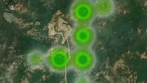 Historic Mill Claim Heatmap in Washington, drawn over satellite imagery