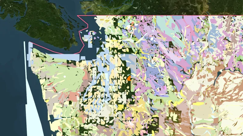Detailed State Geology in Washington, drawn over satellite imagery