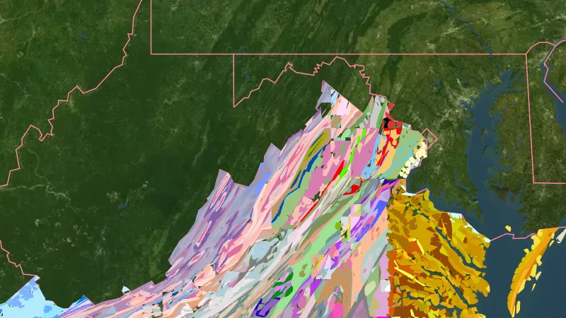 Detailed State Geology in Virginia, drawn over satellite imagery