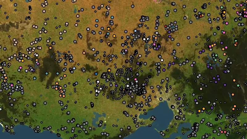 All Mineral Occurrences in Victoria, drawn over satellite imagery