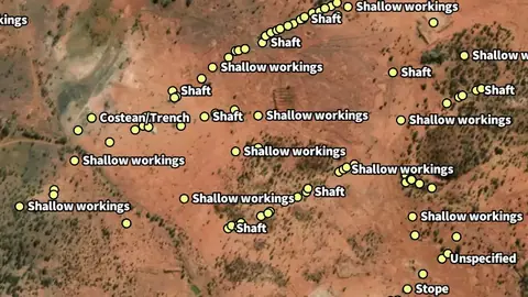 Abandoned Mines in Western Australia, drawn over satellite imagery