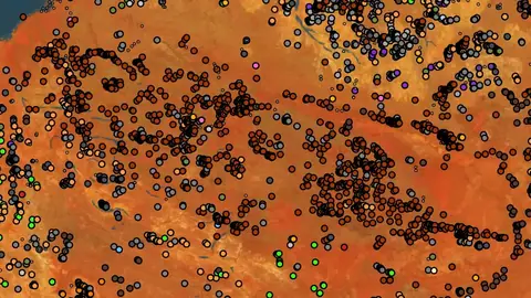 All Mineral Occurrences in Western Australia, drawn over satellite imagery