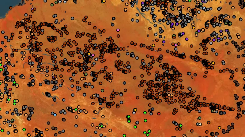 All Mineral Occurrences in Western Australia, drawn over satellite imagery