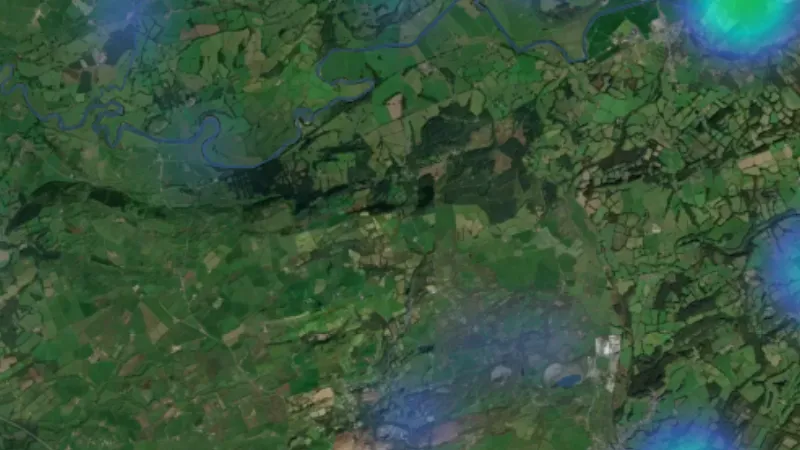 All Finds Heatmap in Wales, drawn over satellite imagery
