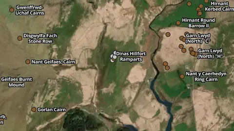 Iron Age in Wales, drawn over satellite imagery
