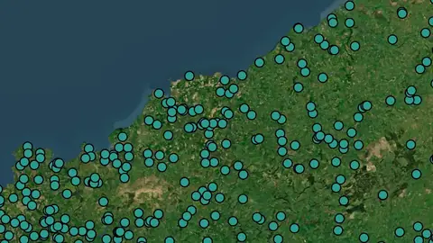 Settlements in Wales, drawn over satellite imagery