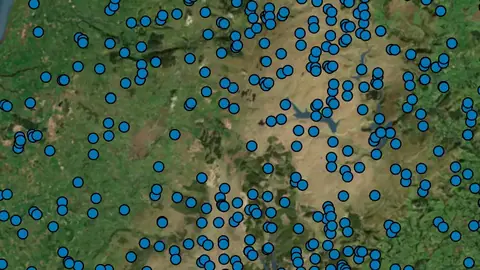 Water in Wales, drawn over satellite imagery